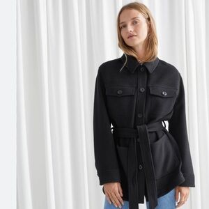 & Other Stories Belted Wool Shirt Jacket Black Shacket Minimalist Coat